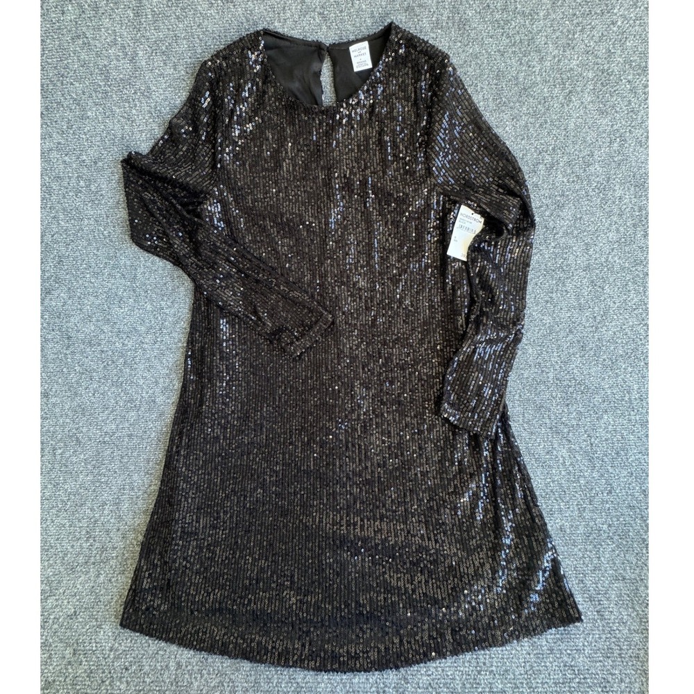 Melrose and Market Sequin Shift Dress Black Long Sleeve Glam Party NYE Small